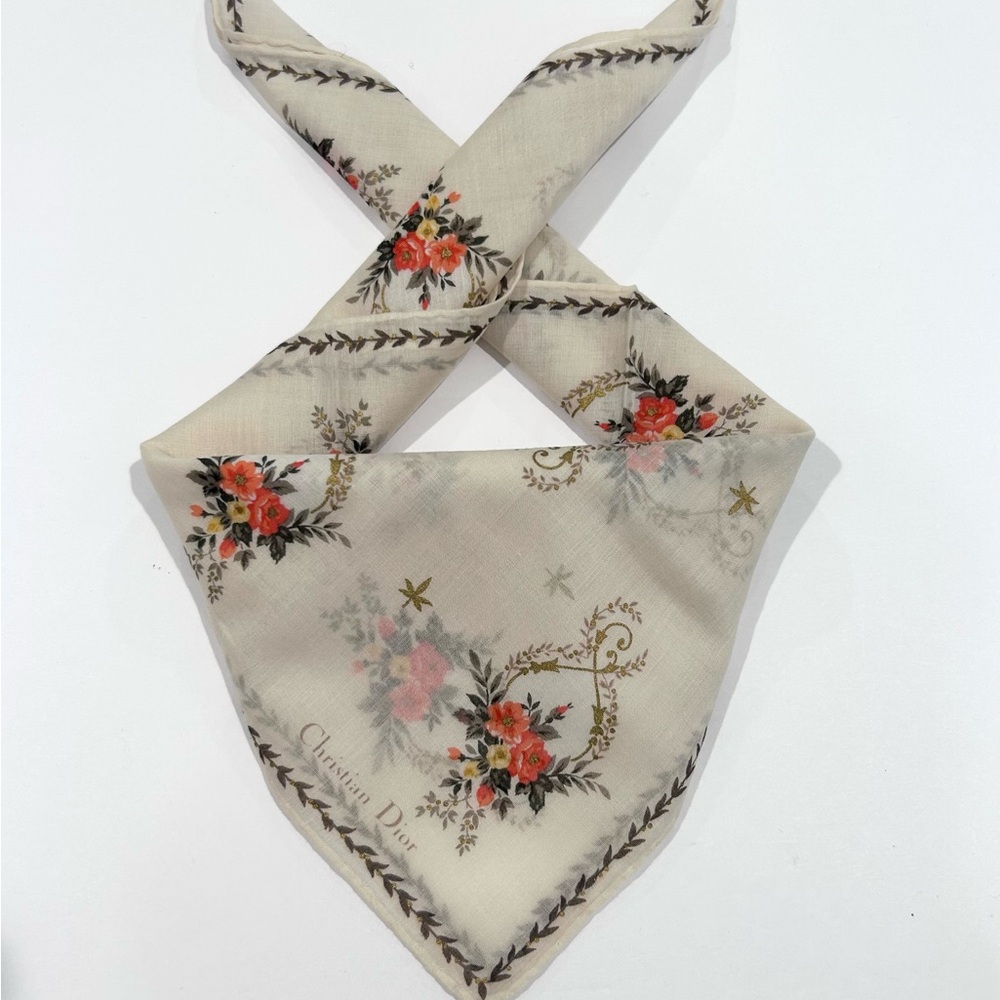 Women Handkerchief Christian Dior Floral Beige Tan Mini Head Scarf Cotton 18”